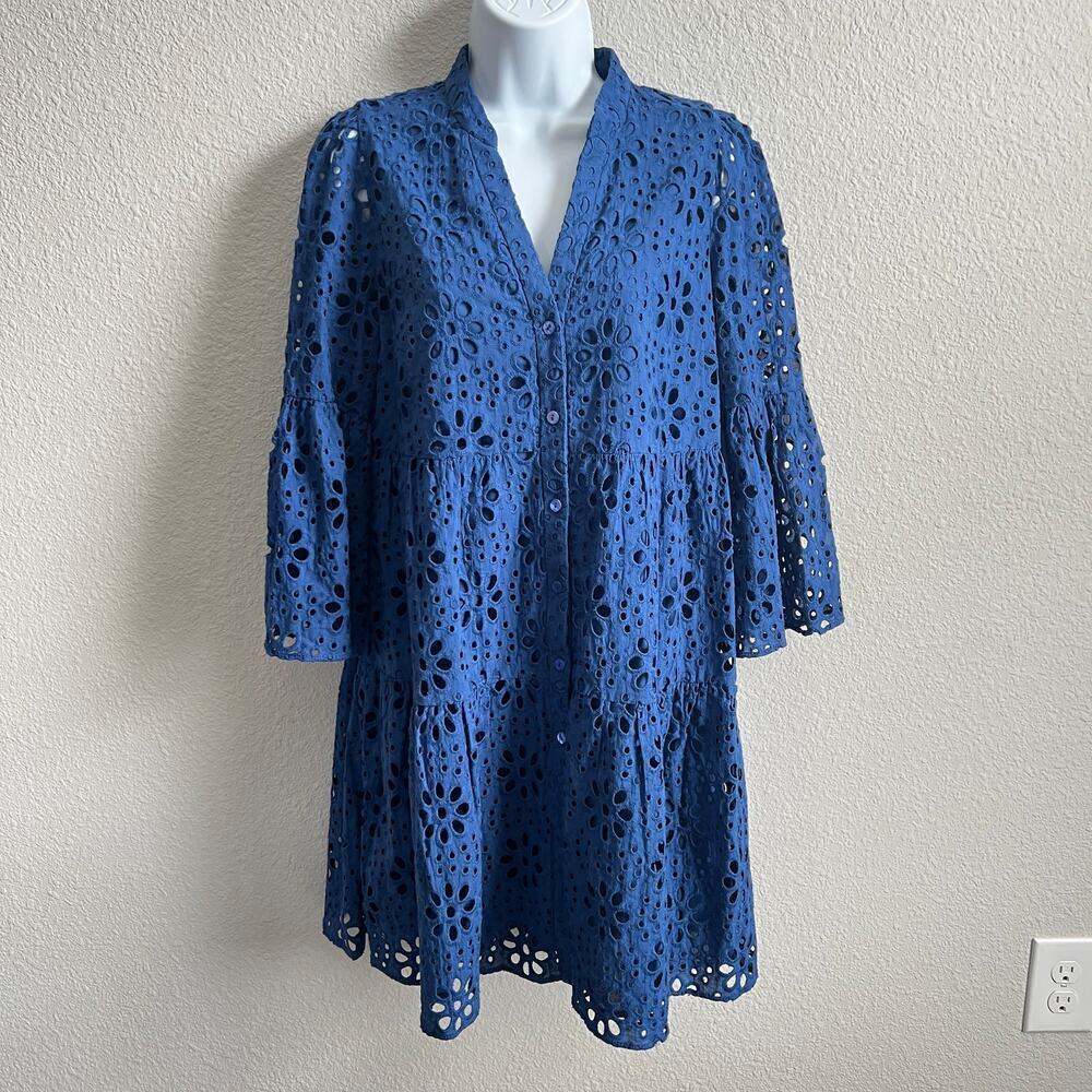 Lilly Pulitzer Hazelanne Oyster Bay Navy Blue 3/4 Sleeve Eyelet Dress Women's 4